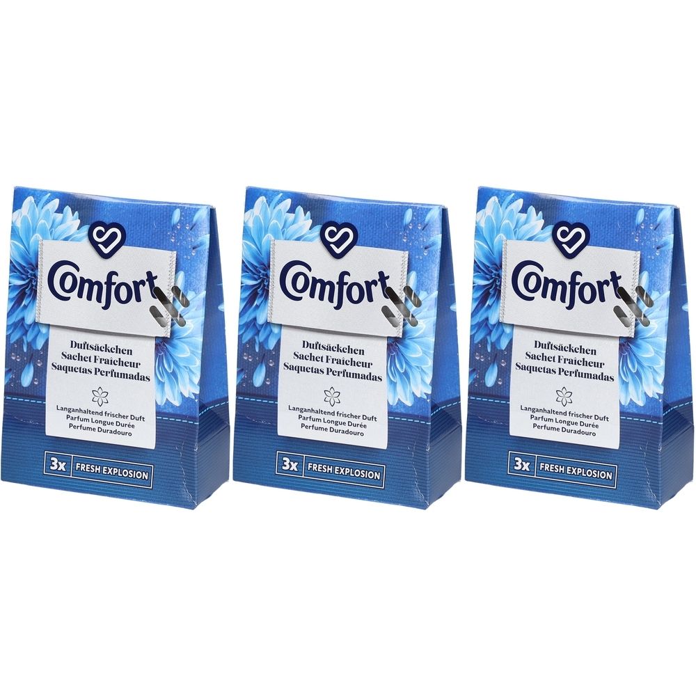 Drei blaue Comfort Duftsäckchen-Verpackungen. Aufschrift: Comfort, Duftsäckchen, Sachet Fraicheur, 3x Fresh Explosion.
