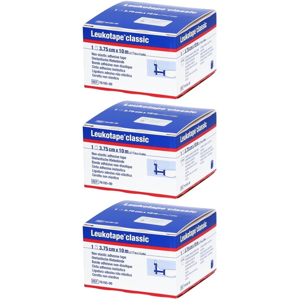 Drei blaue Kartons. Aufschrift: Leukotape classic, 3,75 cm x 10 m. Nicht-elastisches Klebeband. Mit Produktabbildung und Herstellerlogo.