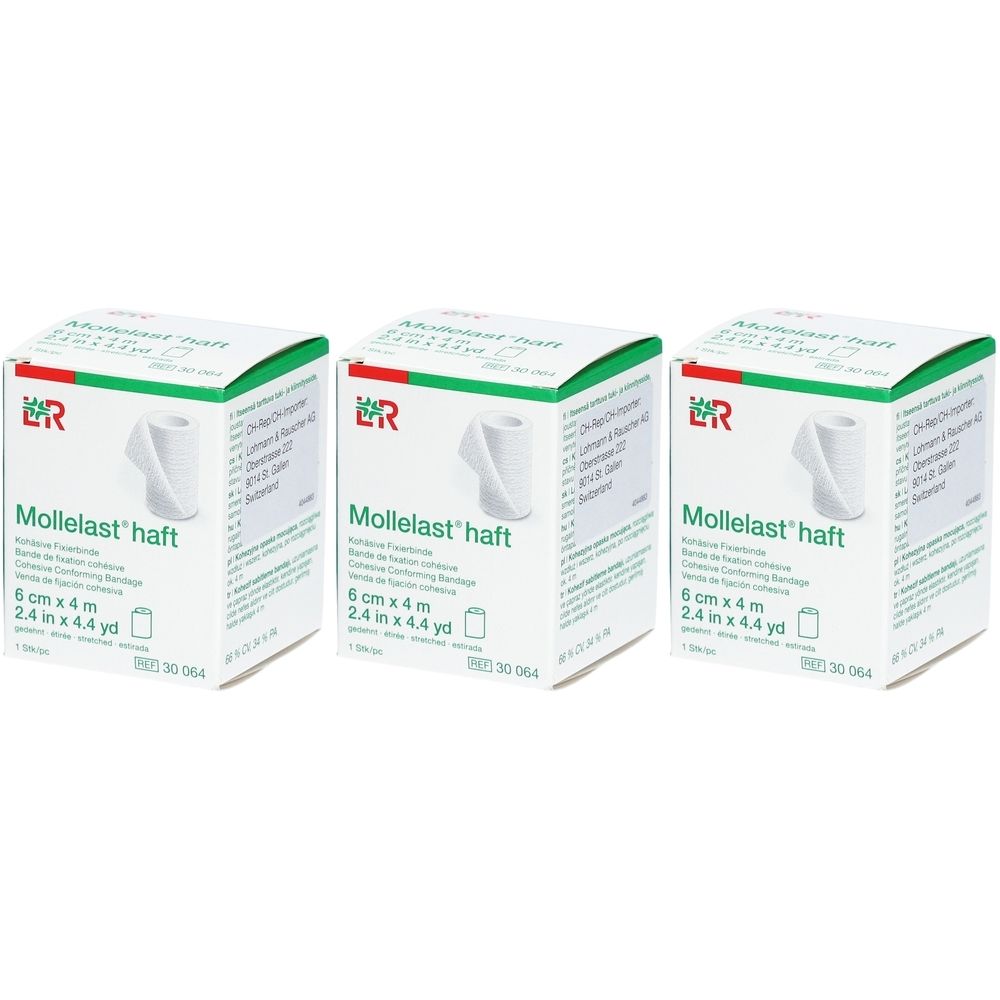Drei Packungen Mollelast haft Fixierbinde. Jede Packung zeigt eine weiße Rolle und Text mit Größenangabe.