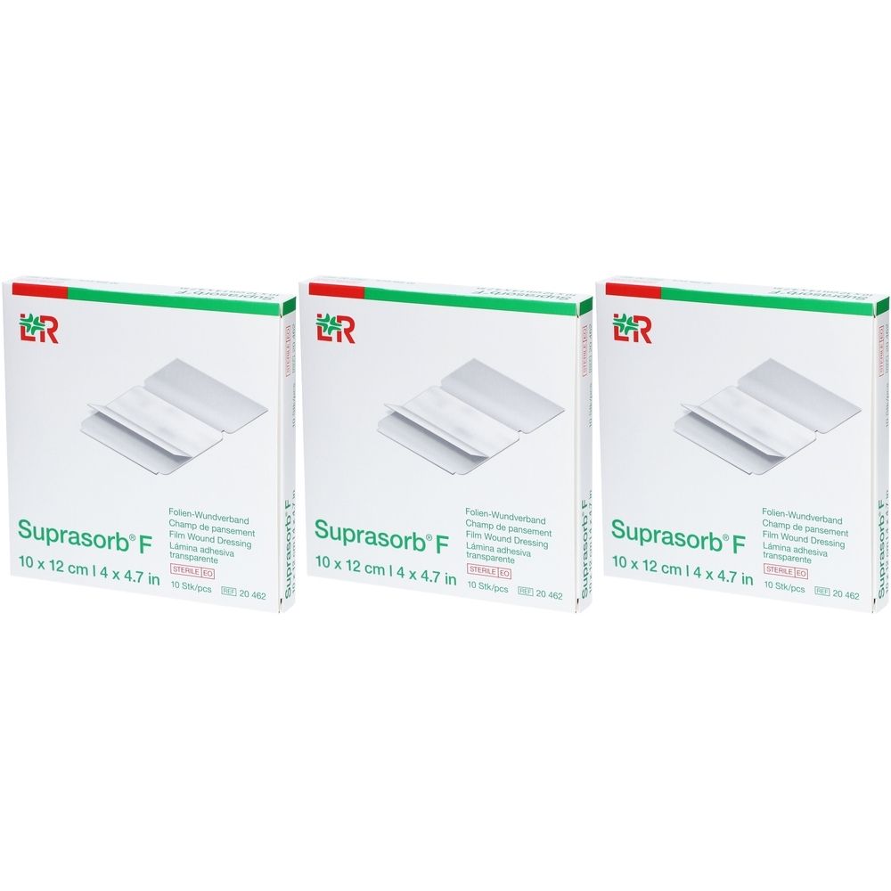 Drei Schachteln Suprasorb F, 10 x 12 cm. Auf jeder Schachtel: Produktname, Größe und Logo. Grün-weiße Verpackung.