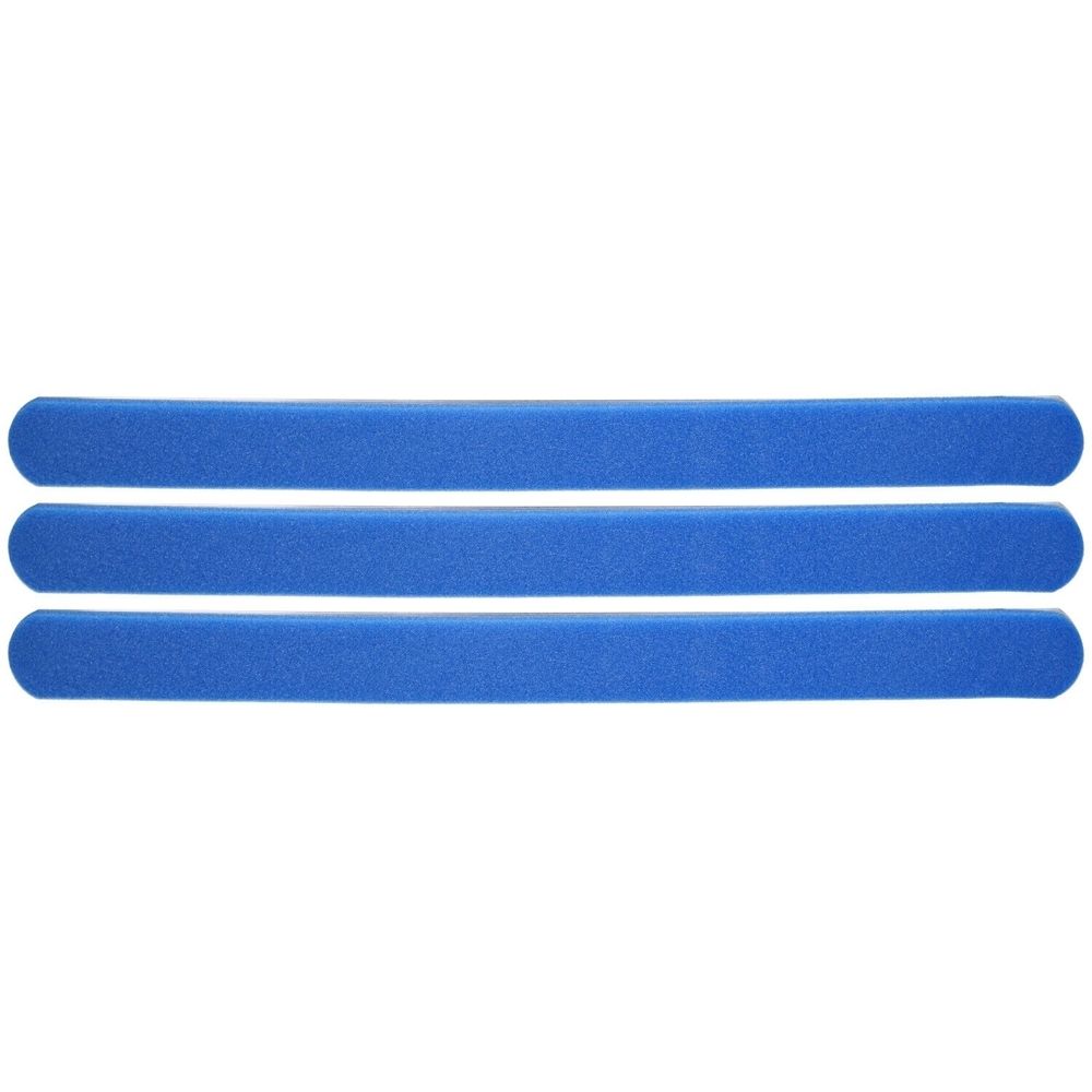 Drei blaue, längliche Finger-Schienen. Sie sind aus einem weichen Material gefertigt und haben abgerundete Enden.