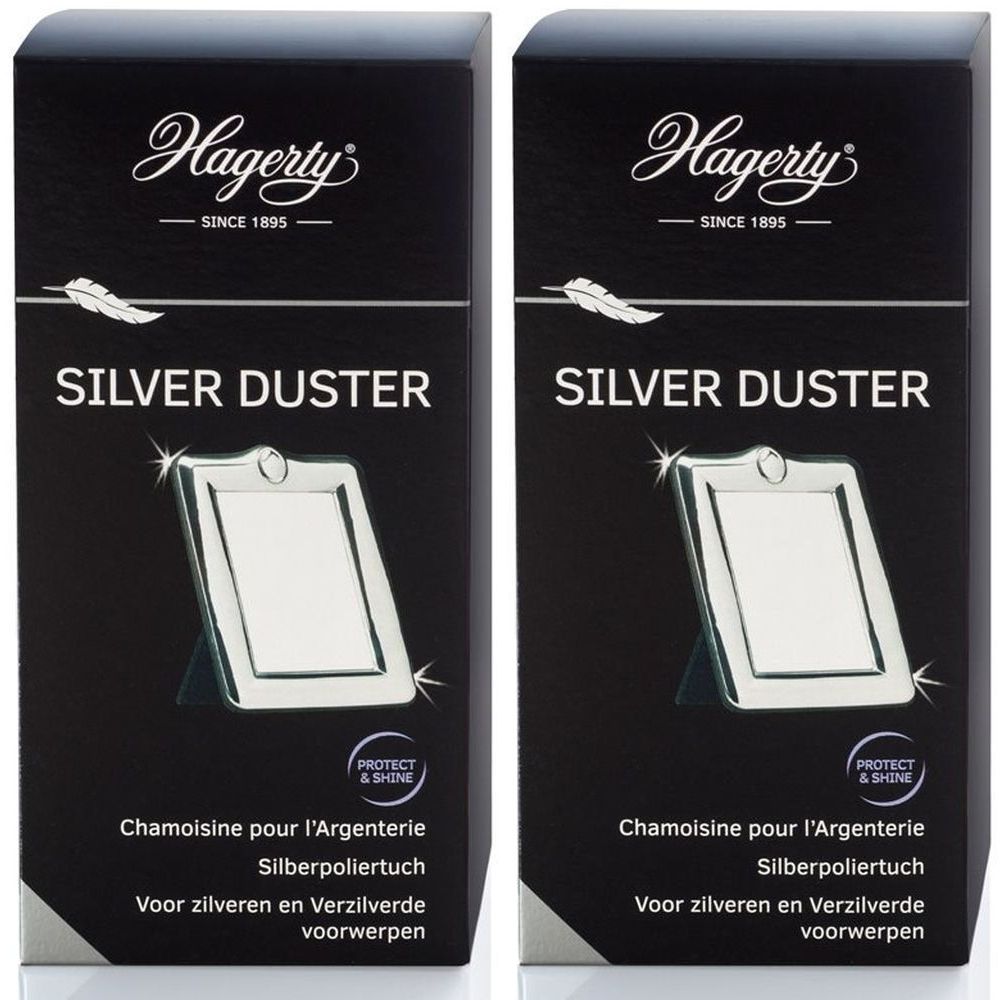 Zwei schwarze Kartons mit Produktaufdruck. Aufschrift: SILVER DUSTER. Marke: Hagerty. Text in Französisch, Deutsch und Niederländisch.
