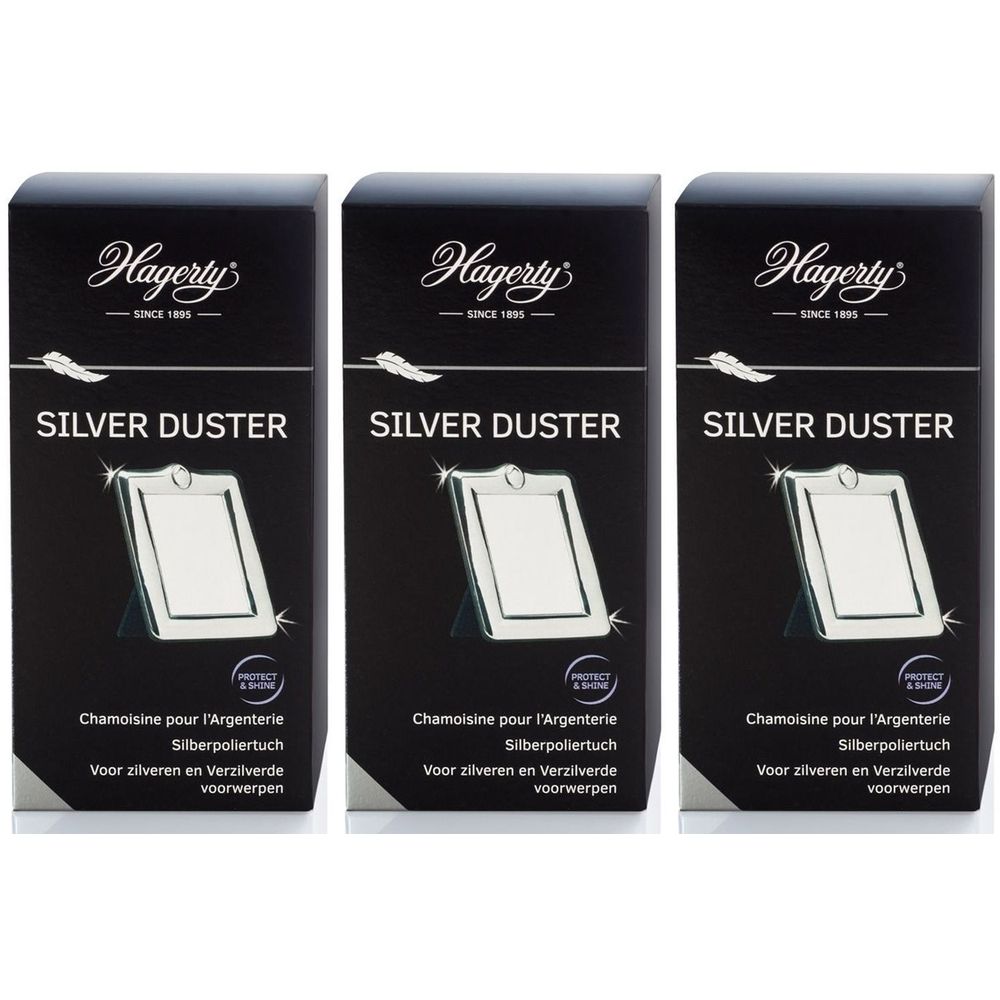 Drei schwarze Verpackungen mit dem Produktnamen SILVER DUSTER. Auf jeder Verpackung ist das Logo von Hagerty und ein silberner Rahmen abgebildet.