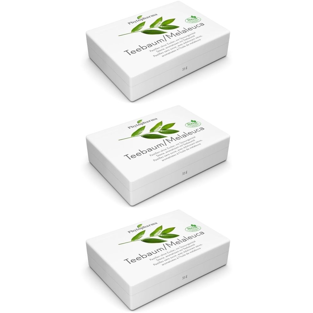 Drei weiße Schachteln mit Aufschrift "Teebaum/Melaleuca". Logo mit Blättern. Verpackung für Pastillen.
