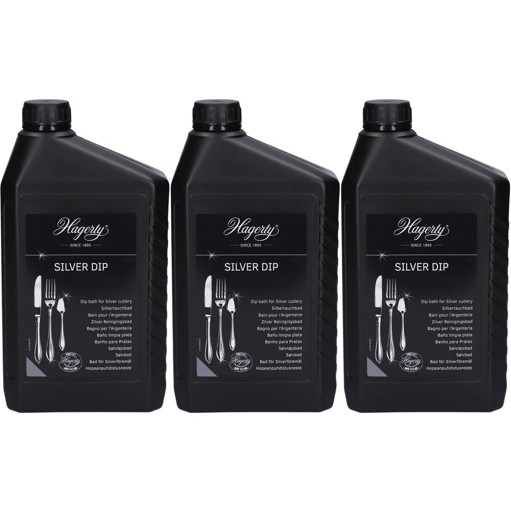 Trois bouteilles noires avec l'étiquette "Hagerty Silver Dip". L'étiquette présente des illustrations de couverts et des informations.