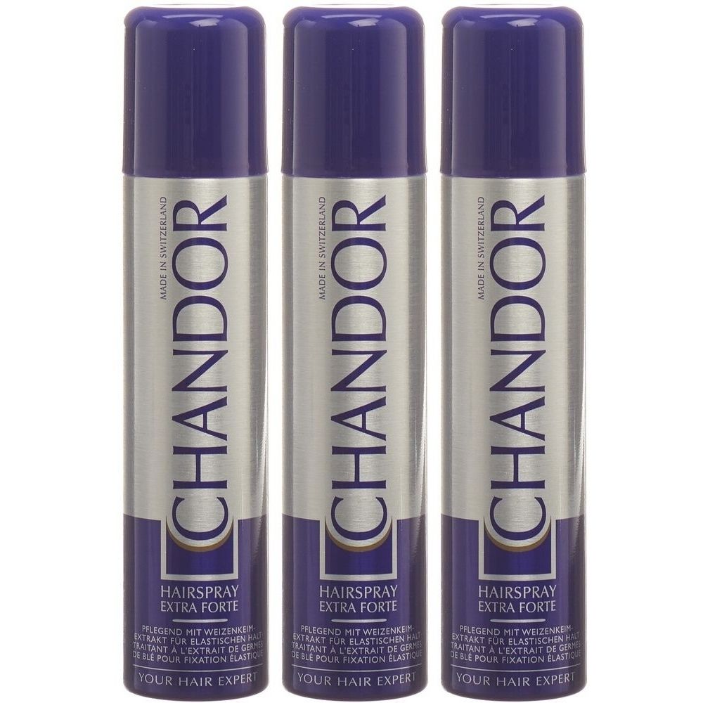 Trois flacons de laque CHANDOR extra forte. Flacons argentés avec bouchons violets et texte. Fabriqué en Suisse.