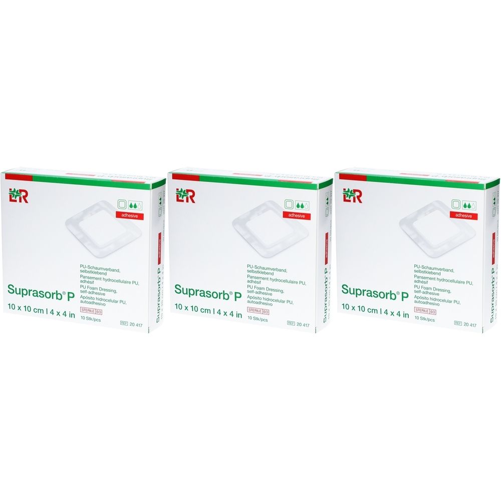 Trois boîtes Suprasorb P, 10 x 10 cm. Emballage blanc avec logo vert et rouge. Texte : Suprasorb P, 10 x 10 cm.