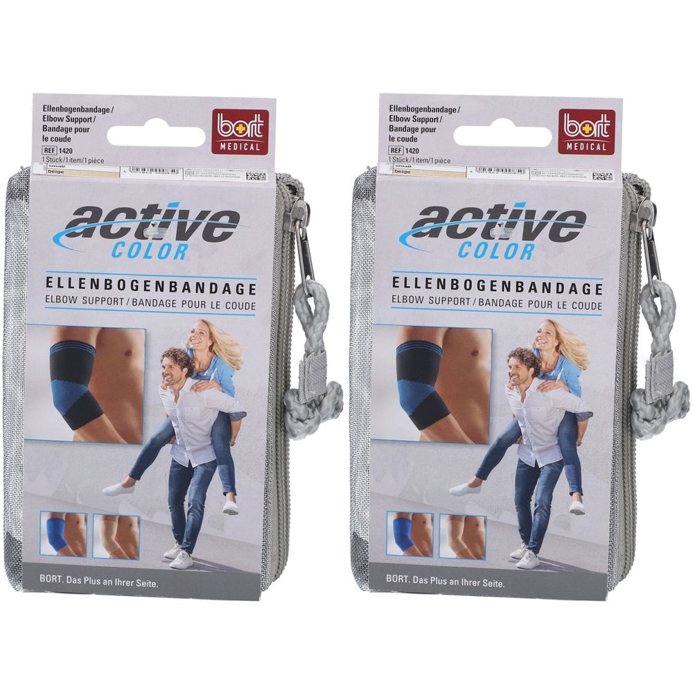 Zwei Bandagen in einer grauen Tasche. Auf der Verpackung steht "active color ELLENBOGENBANDAGE" und das Logo von BORT MEDICAL.