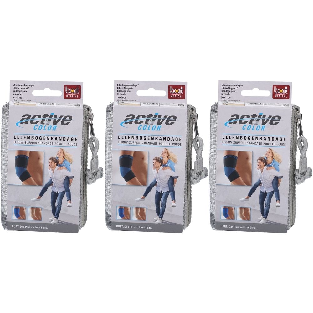 Drei BORT ActiveColor Ellenbogenbandagen in grauen Taschen. Aufdruck: active color, Ellenbogenbandage, Illustrationen.