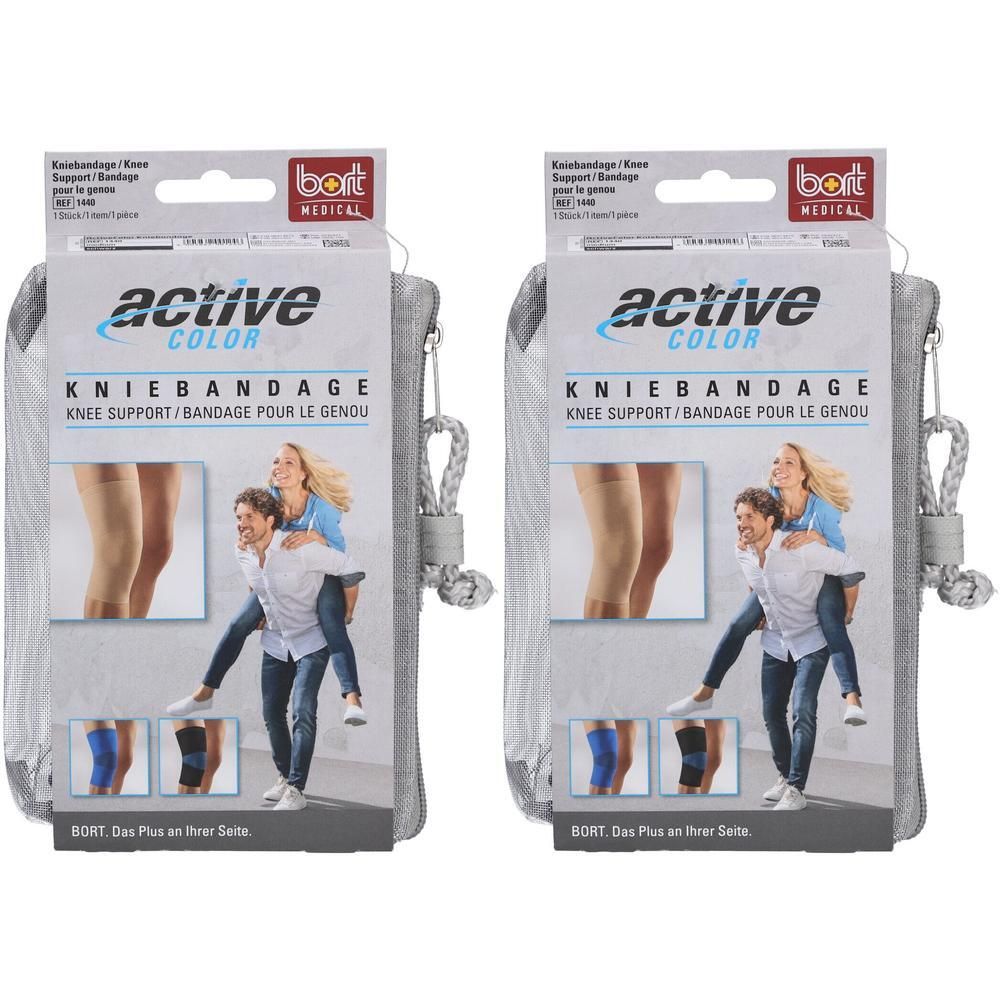 Deux paquets de genouillères BORT ActiveColor noires, taille M, avec pochette de transport. Exemples d'utilisation illustrés.