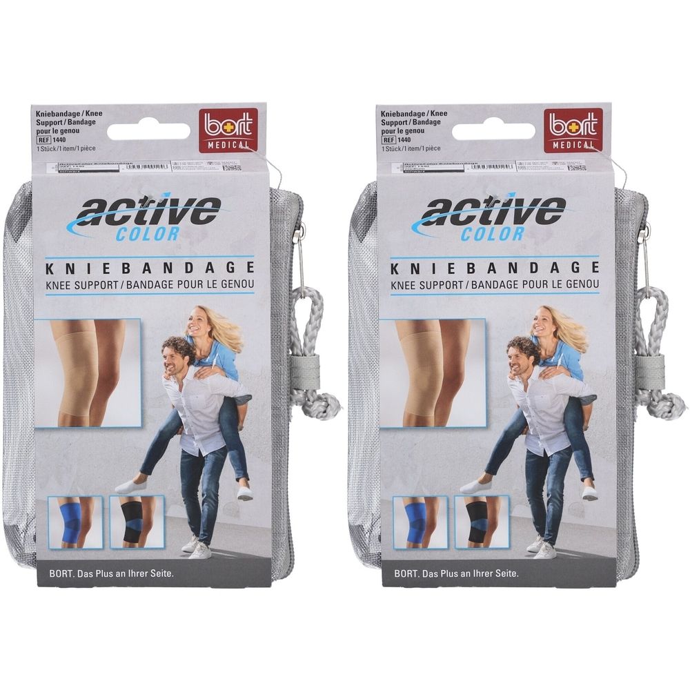 Zwei Kniebandagen in grauen Taschen. Auf der Verpackung: active color, Kniebandage, Abbildung einer Person mit Kniebandage.