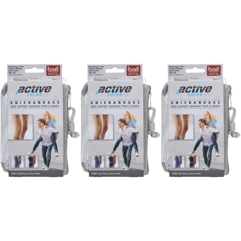 Trois paquets de genouillères BORT ActiveColor noires. Chaque genouillère est dans un emballage gris avec des images et du texte du produit.