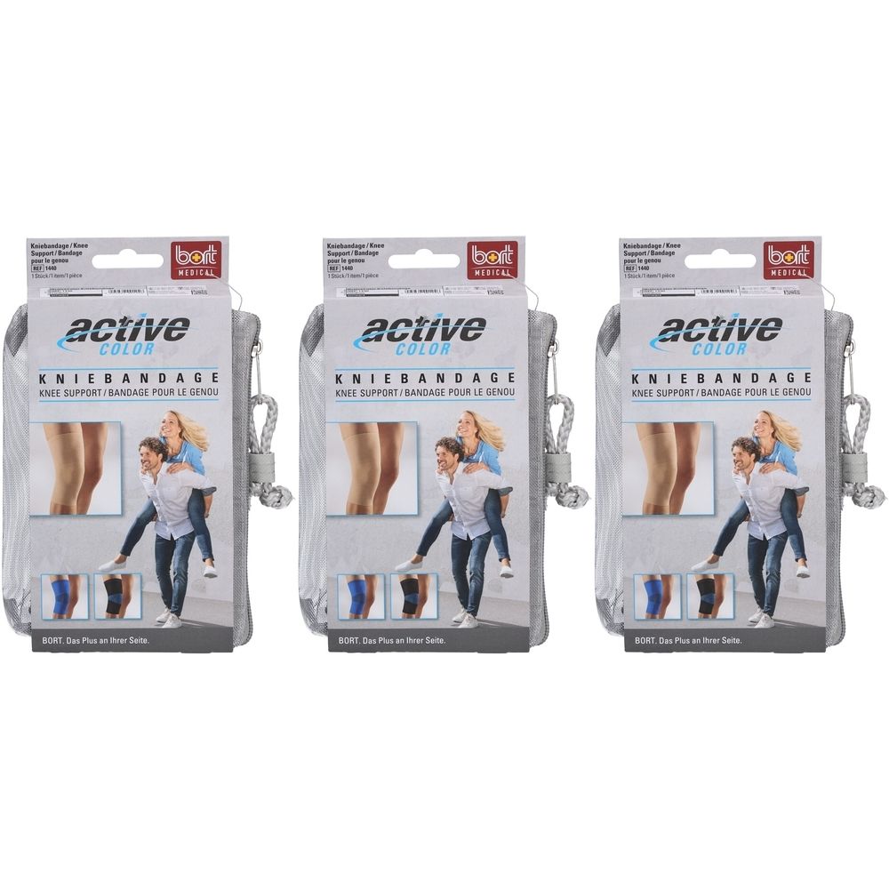 Drei Kniebandagen in Verpackung. Aufschrift: active color, Kniebandage. Marke: bort. Abbildung: Paar trägt sich gegenseitig.