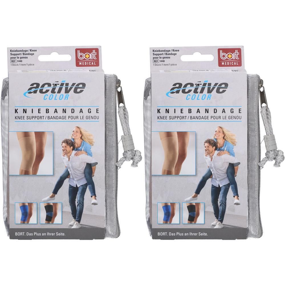 Deux paquets de genouillères BORT ActiveColor grises, chacun dans une pochette zippée.