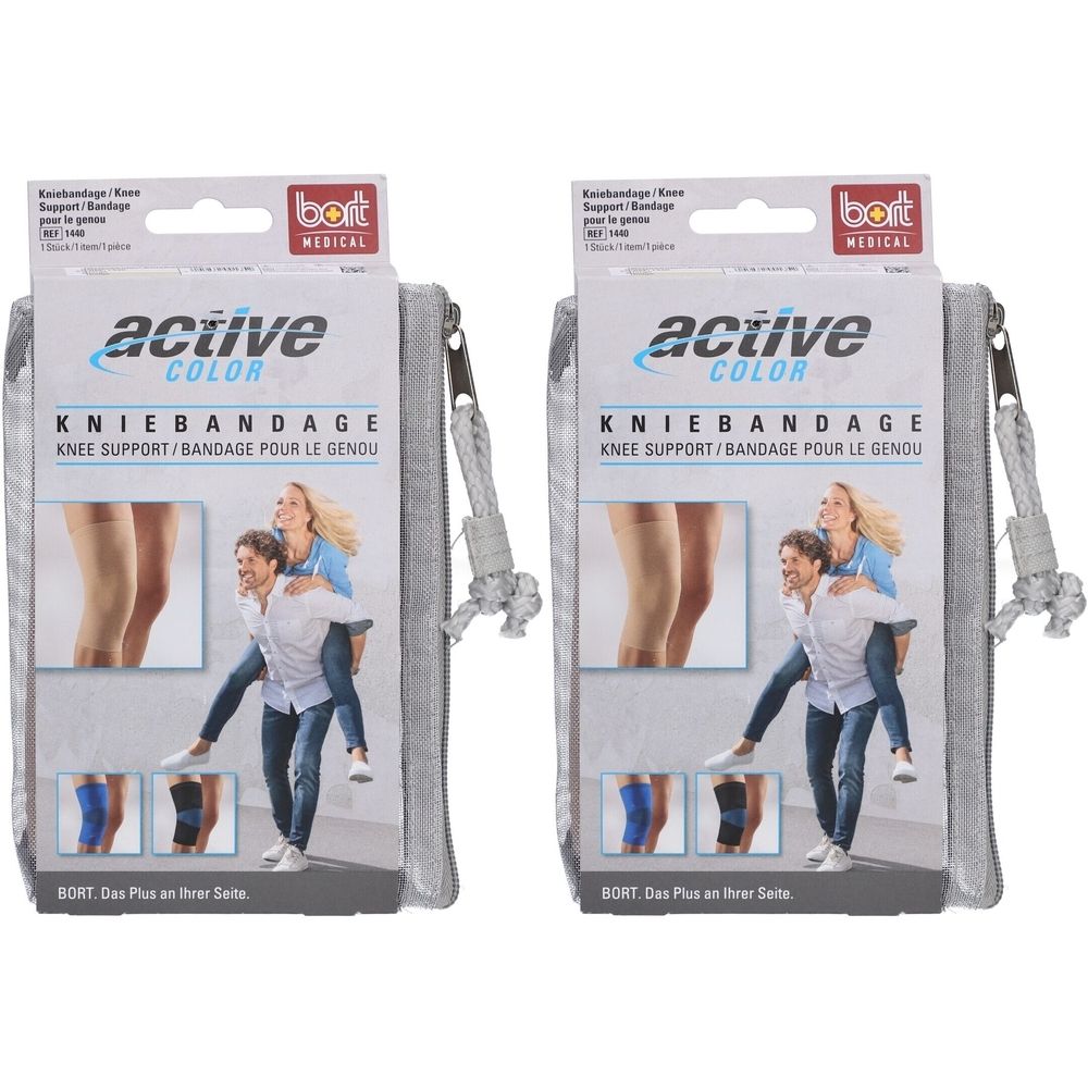 Zwei Verpackungen der Kniebandage ActiveColor von BORT. Auf der Verpackung sind Produktbilder und der Schriftzug "KNIEBANDAGE" zu sehen.