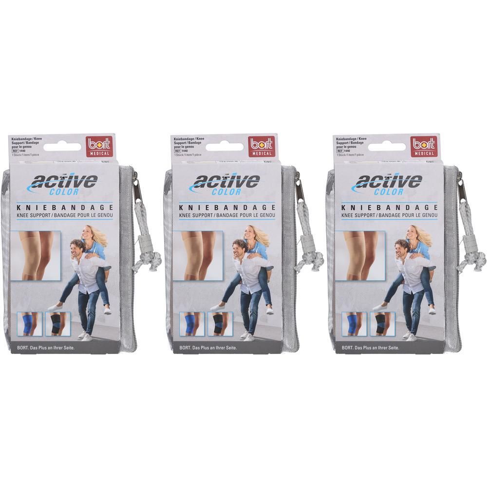 Trois genouillères BORT ActiveColor en boîte, couleur chair, avec illustrations du produit et indications de taille.