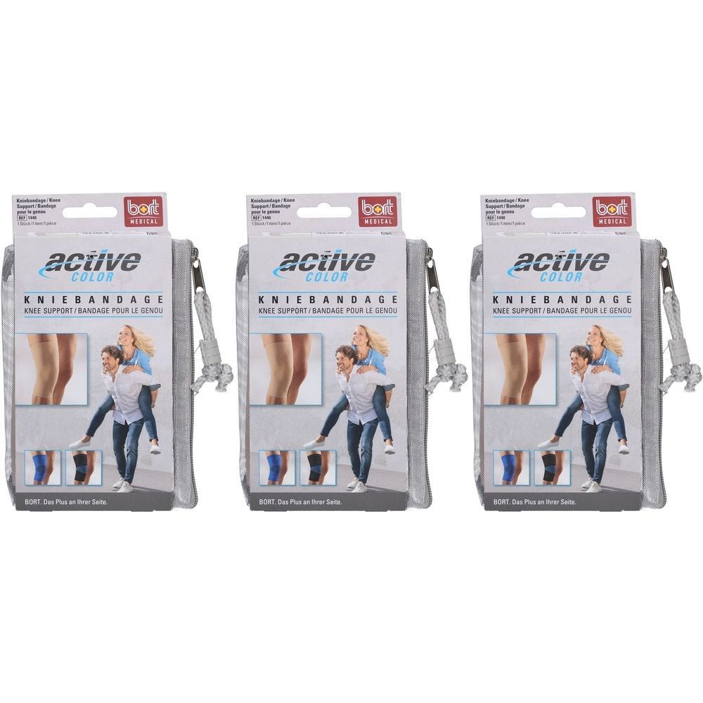 Drei Kniebandagen in grauer Verpackung. Auf der Verpackung steht "active color" und "Kniebandage".