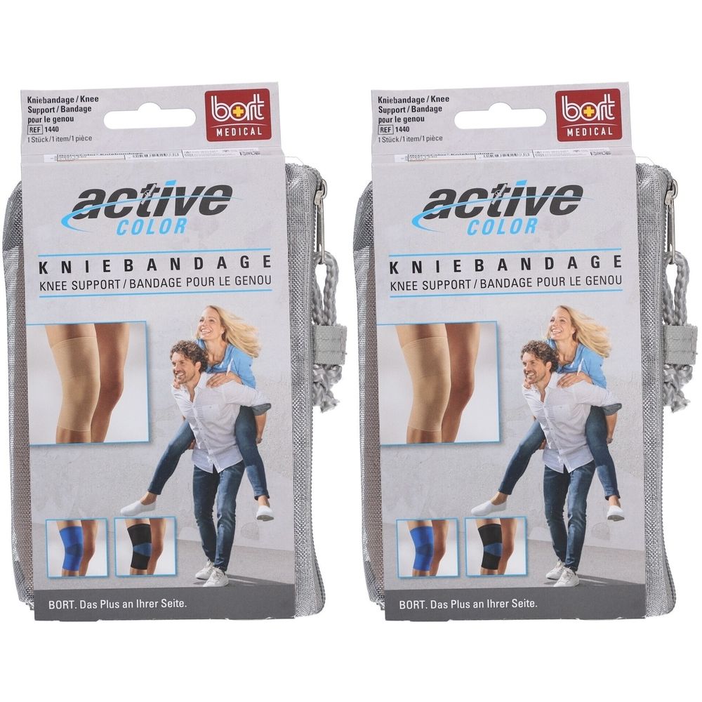 Zwei BORT ActiveColor Kniebandagen in grauer Verpackung. Auf der Verpackung: Produktname, Logo, Abbildung einer Kniebandage und eines Paares.