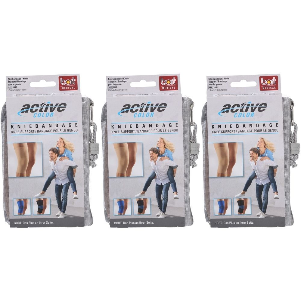 Drei Kniebandagen in grauer Verpackung. Aufdruck: active color Kniebandage. Marke: bort medical. Abbildung: Paar trägt sich gegenseitig.