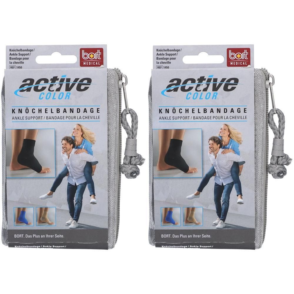Deux paquets de chevillère BORT ActiveColor noire, taille M, dans une pochette zippée.