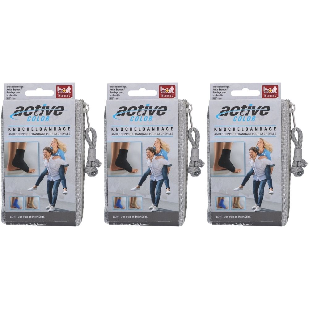 Drei BORT ActiveColor Knöchelbandagen in grauer Verpackung. Aufdruck: active COLOR, Knöchelbandage, Abbildung einer Person mit Knöchelbandage.