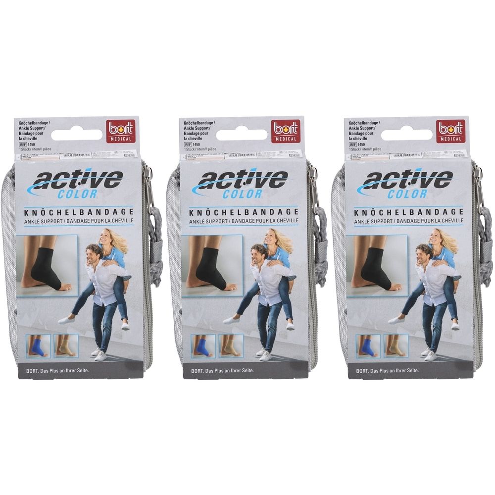 Trois attelles de cheville BORT ActiveColor en emballage. Attelle noire, illustration d'une personne. Texte : Active Color, attelle de cheville.