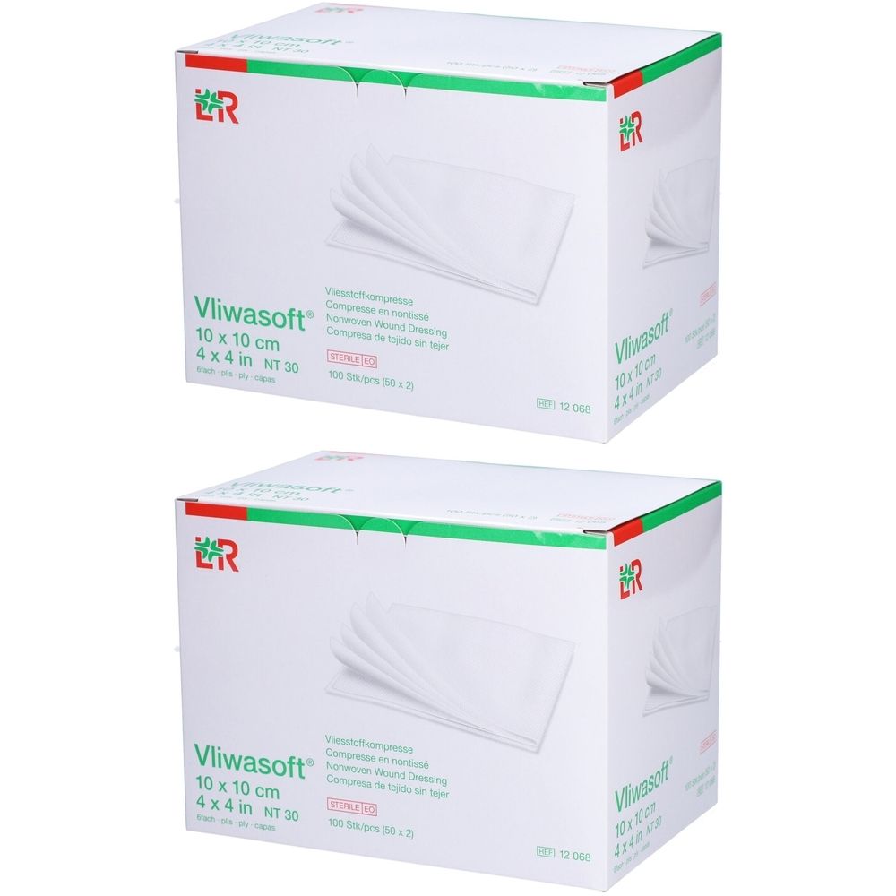 Deux boîtes blanches avec des accents verts et rouges. Inscription : Vliwasoft 10 x 10 cm. Logo : L&R. Compresses visibles.