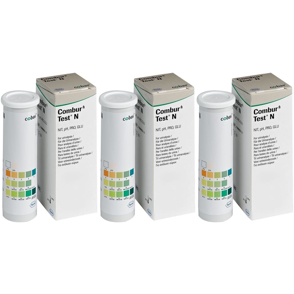 Drei Packungen Combur Test N. Jede Packung enthält eine Teströhre und einen Karton. Auf den Röhren sind Teststreifen mit Farbfeldern zu sehen.