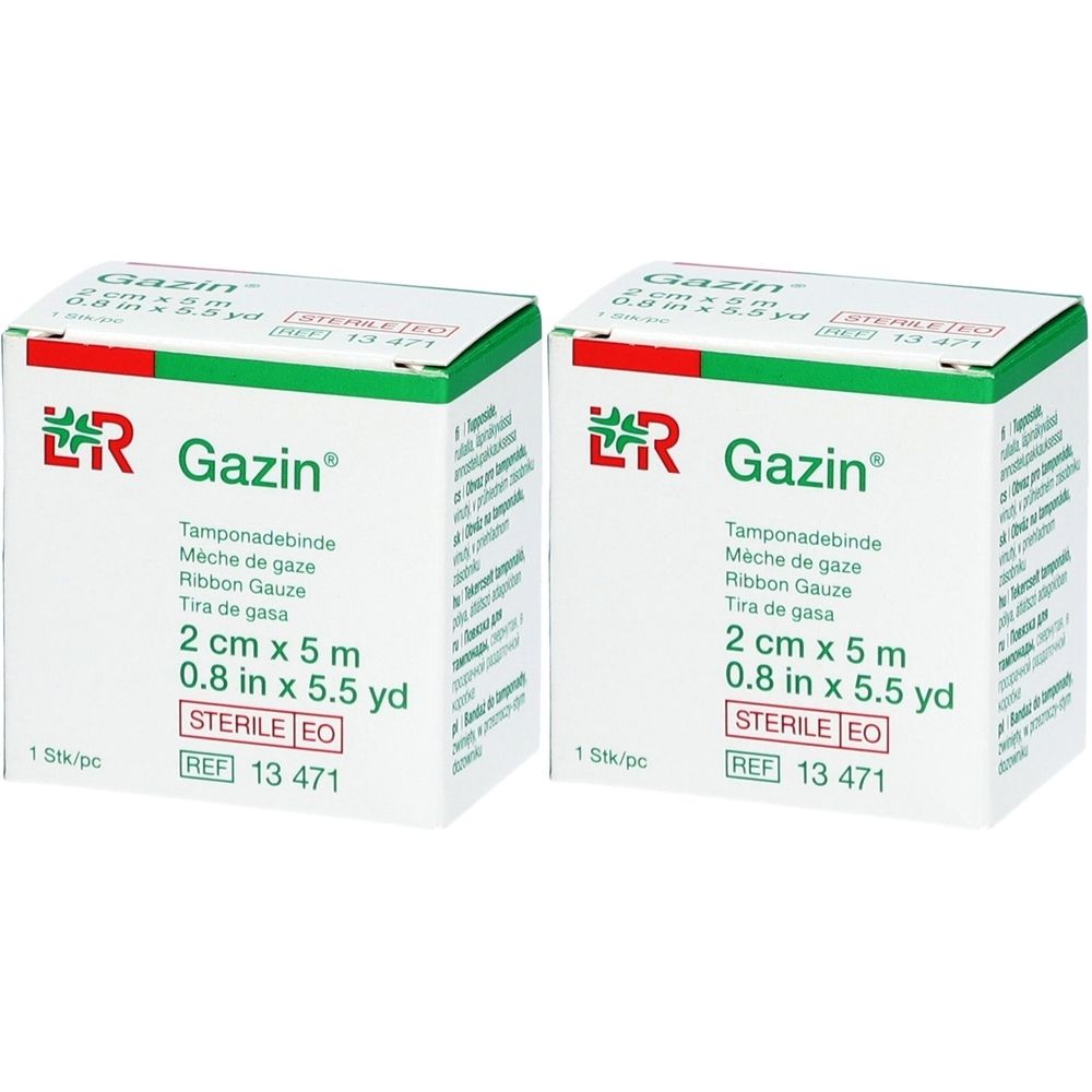Deux boîtes de gaze Gazin. Inscription : 2 cm x 5 m, stérile. Accents verts et rouges. Emballage avec informations produit.