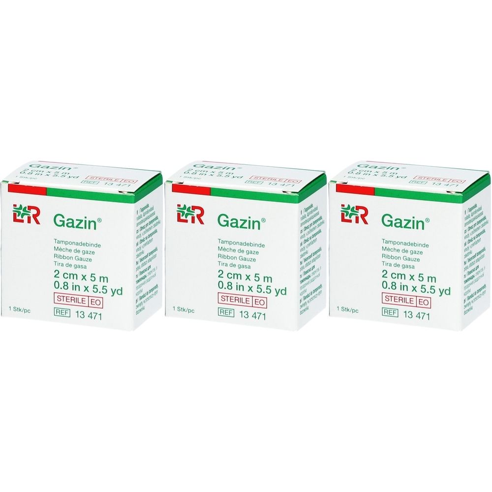 Trois boîtes de GAZIN. Bandes de gaze, 2 cm x 5 m, stériles. Emballage vert et blanc avec logo rouge et nom du produit.