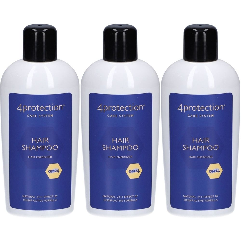 Trois flacons blancs à bouchon noir. L'étiquette bleue indique "4protection CARE SYSTEM HAIR SHAMPOO".