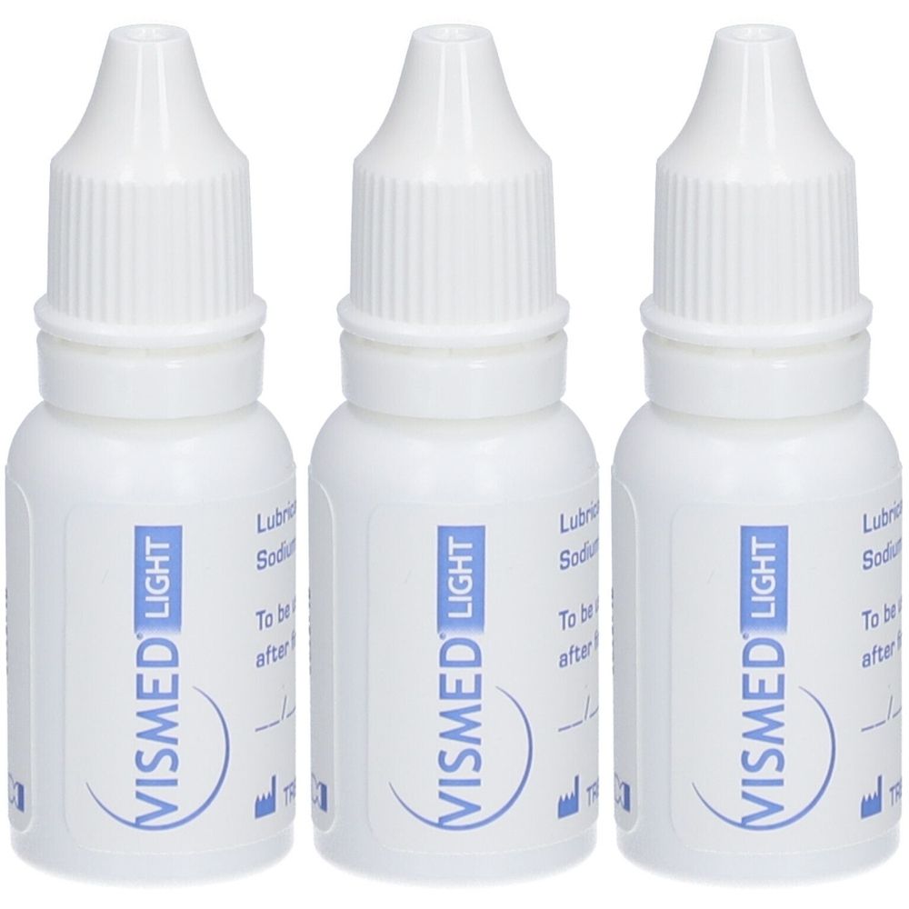 Drei weiße Flaschen mit Schraubverschluss. Auf jeder Flasche steht in blauer Schrift VISMED LIGHT.