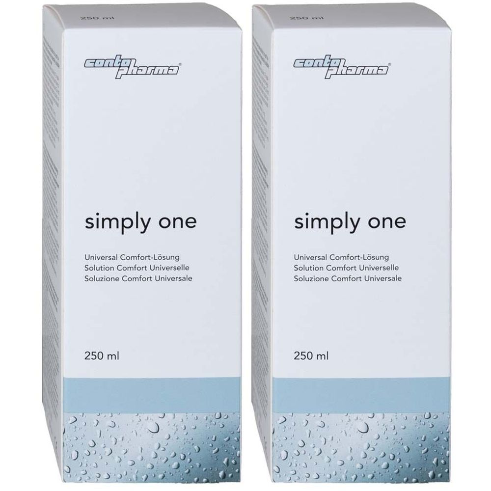 Deux boîtes blanches avec "simply one". En haut, "conto pharma". En dessous, "Universal Comfort-Lösung" et "250 ml".