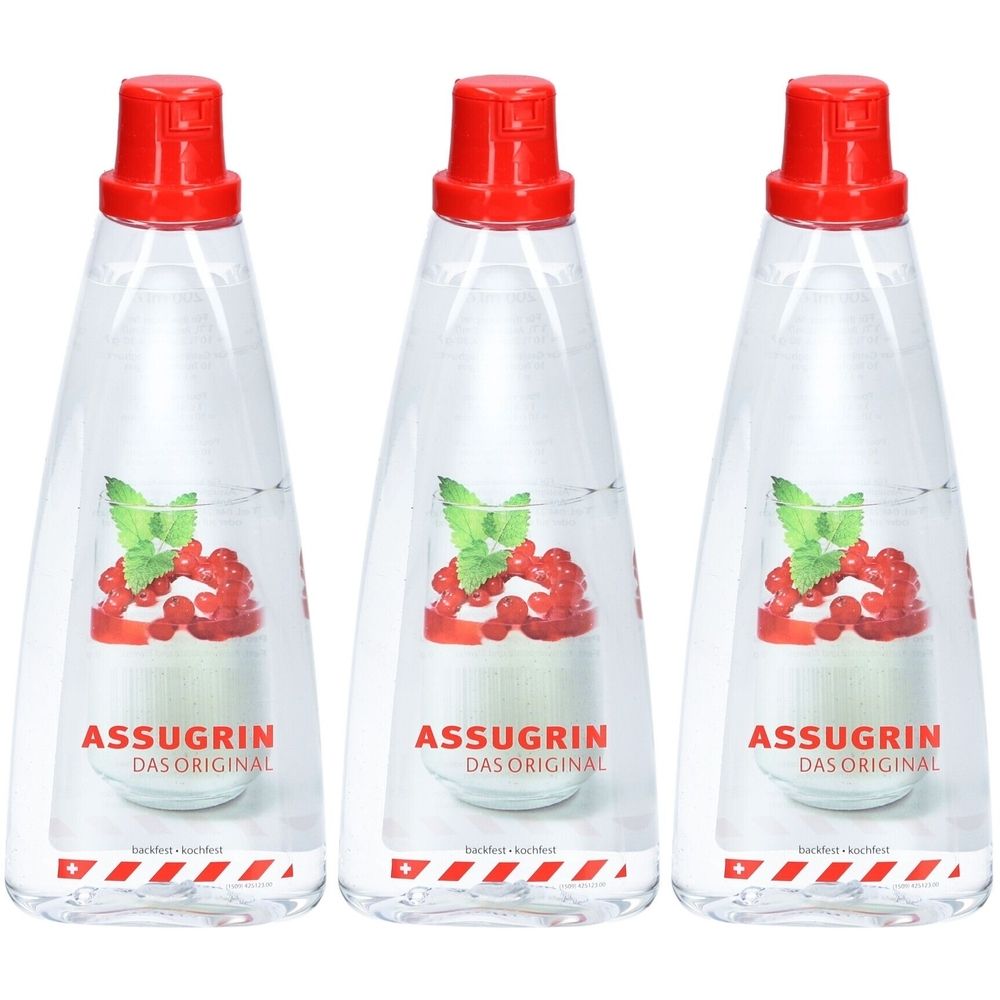 Drei transparente Flaschen mit rotem Verschluss. Auf jeder Flasche ist das Logo ASSUGRIN Das Original abgebildet.