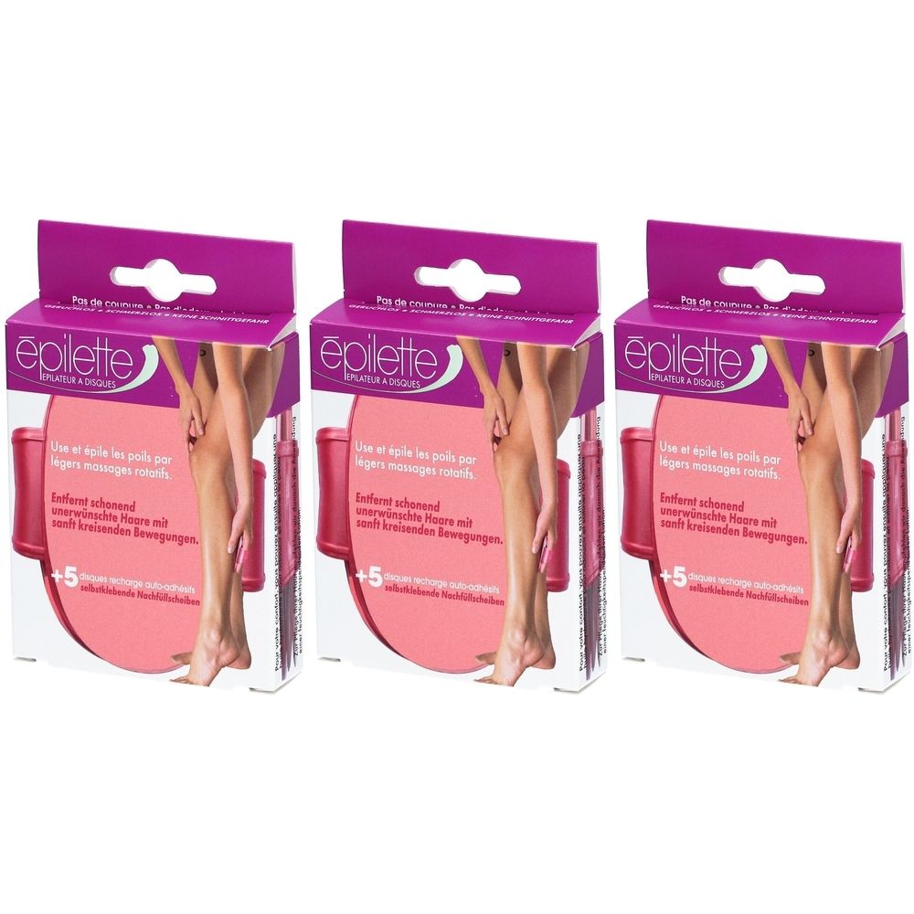Drei Packungen EPILETTE Haarentferner Blatt. Jede Packung zeigt ein Bein. Aufschrift: EPILETTE, Use et épile les poils par légers massages rotatifs.