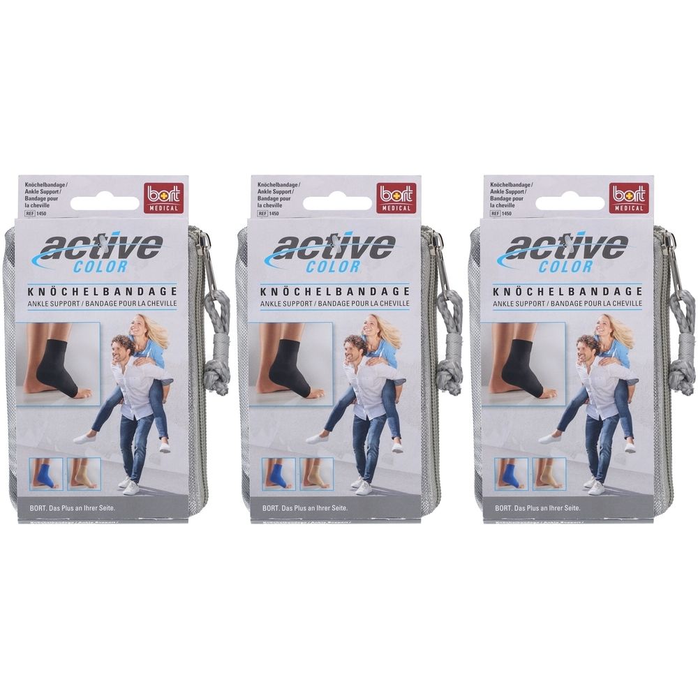 Trois bandages dans un emballage gris. Impression : active COLOR, bandage de cheville. Marque : bort medical. Illustration : personne avec bandage de cheville.