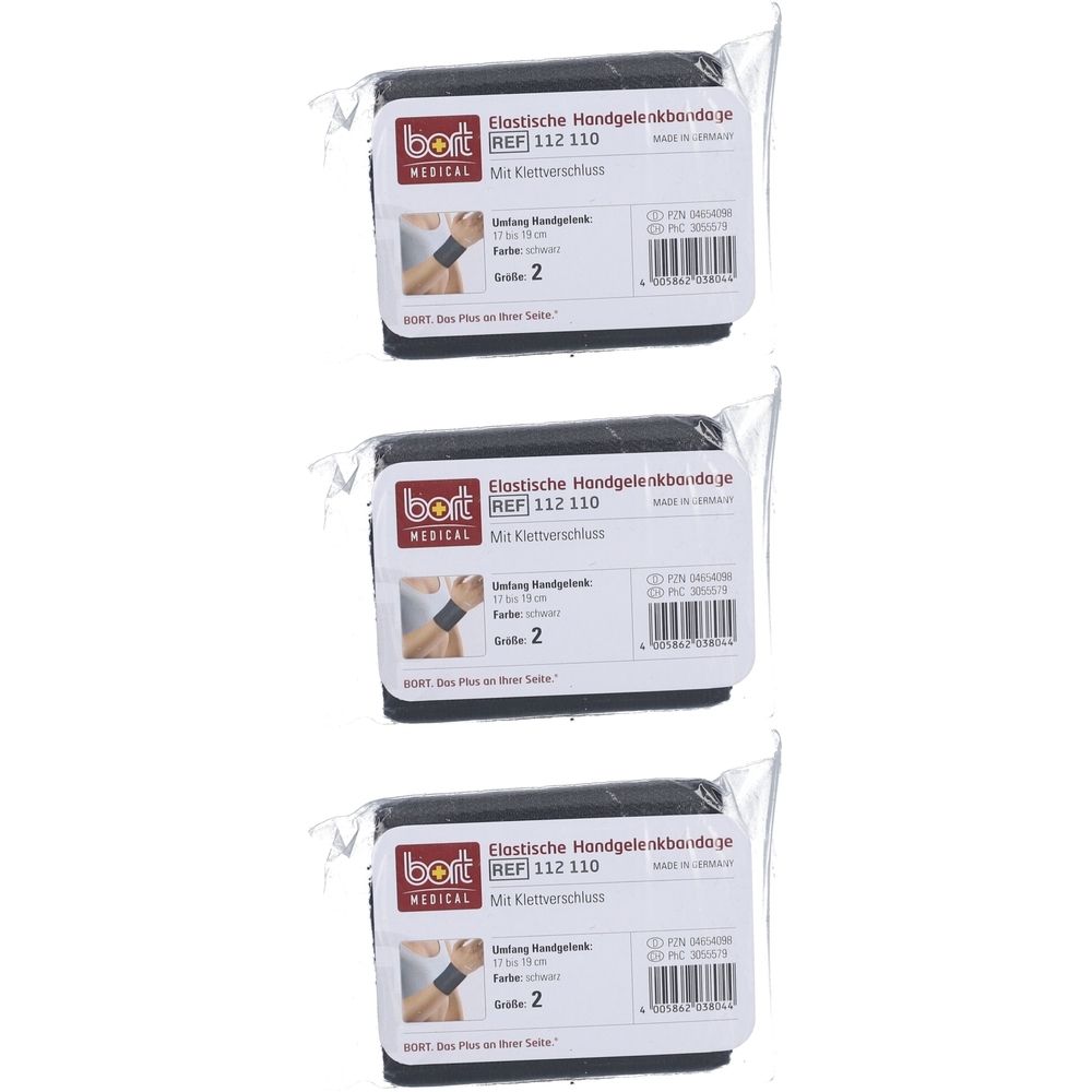 Trois attelles de poignet noires emballées. Inscription : bort MEDICAL, REF 112 110, taille 2.
