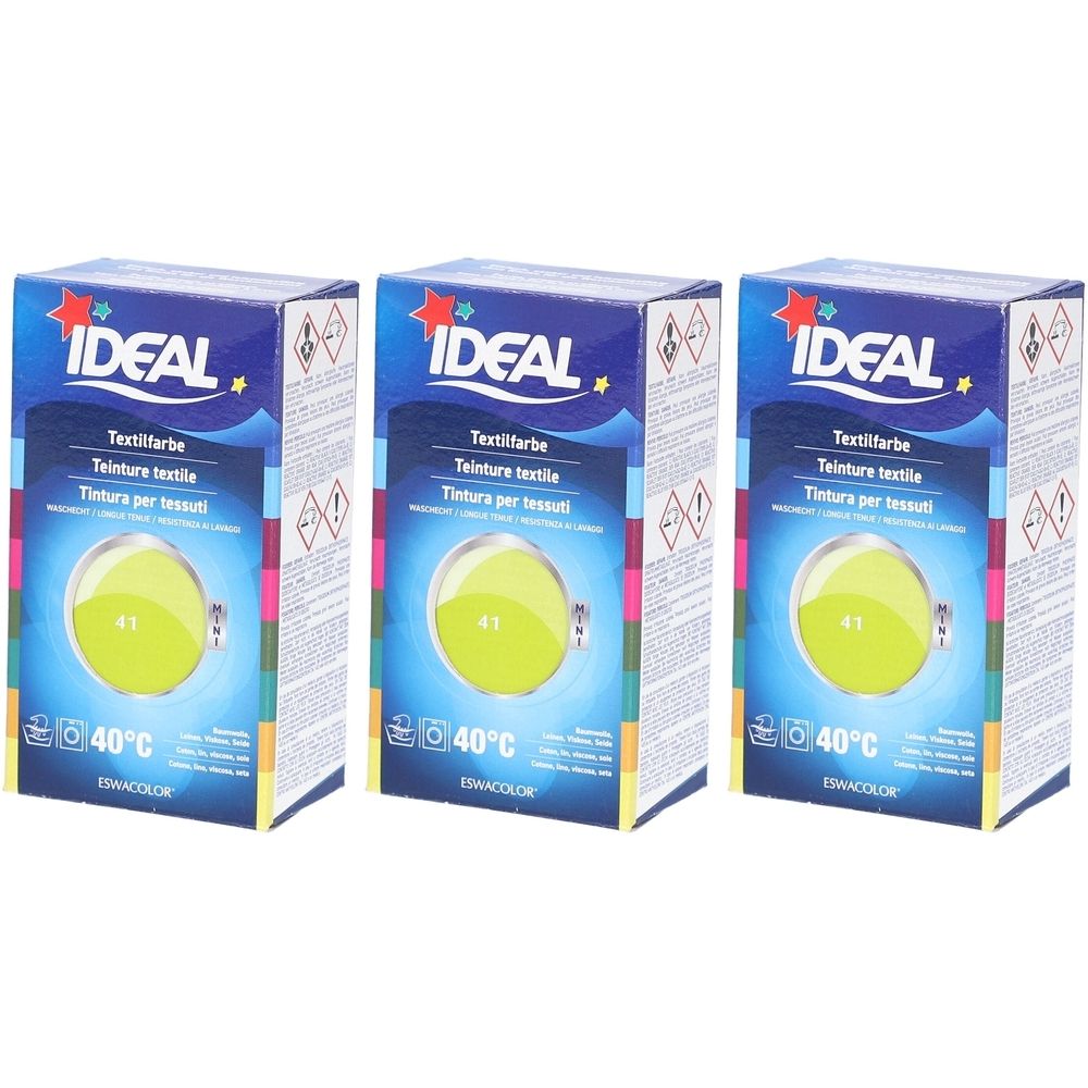 Trois boîtes de teinture textile. Inscription: IDEAL, Textilfarbe, 41, 40°C. Représentation vert citron.