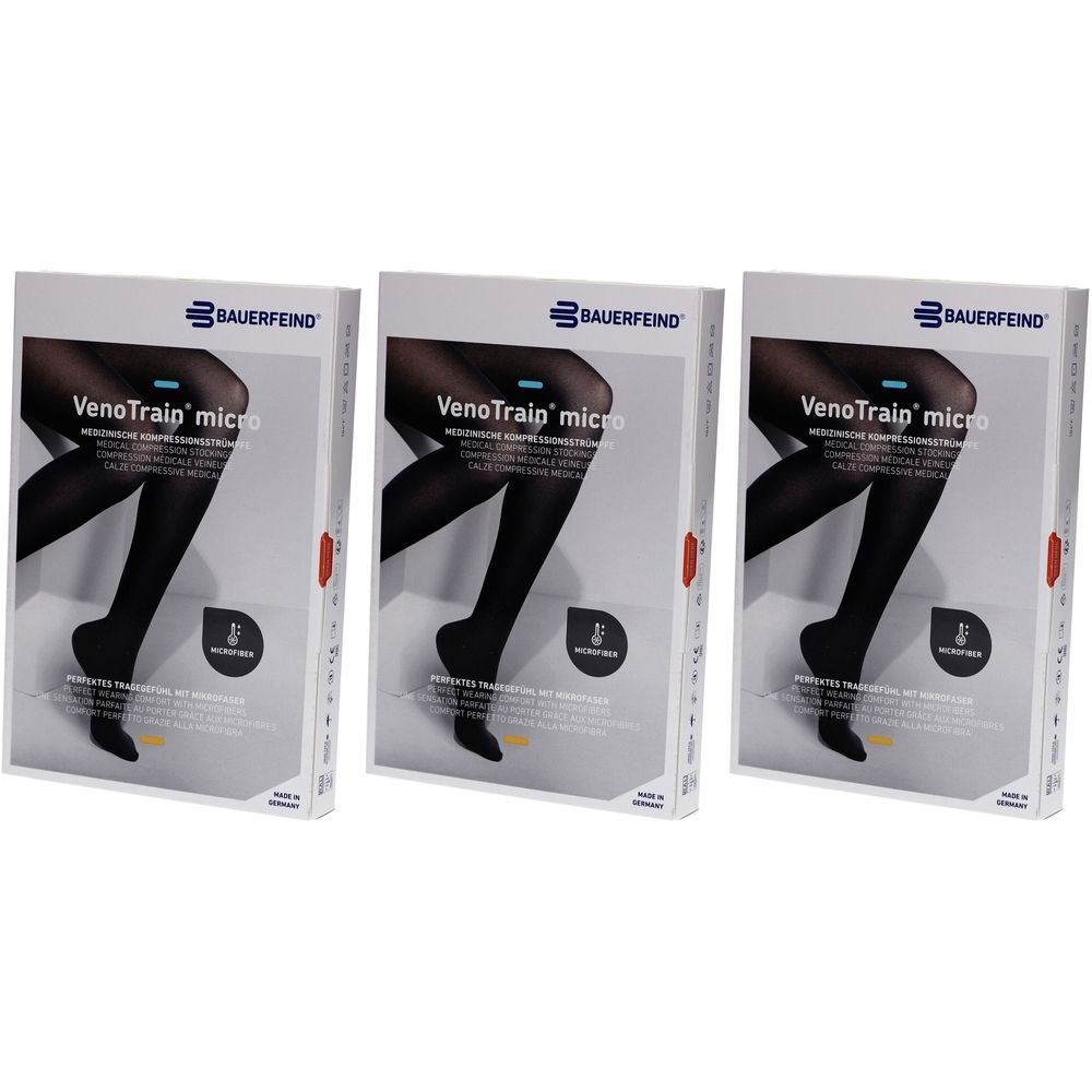 Drei Verpackungen von BAUERFEIND VenoTrain micro Kompressionsstrümpfen. Schwarze Strümpfe auf weißem Hintergrund. Logo und Produktname sichtbar.