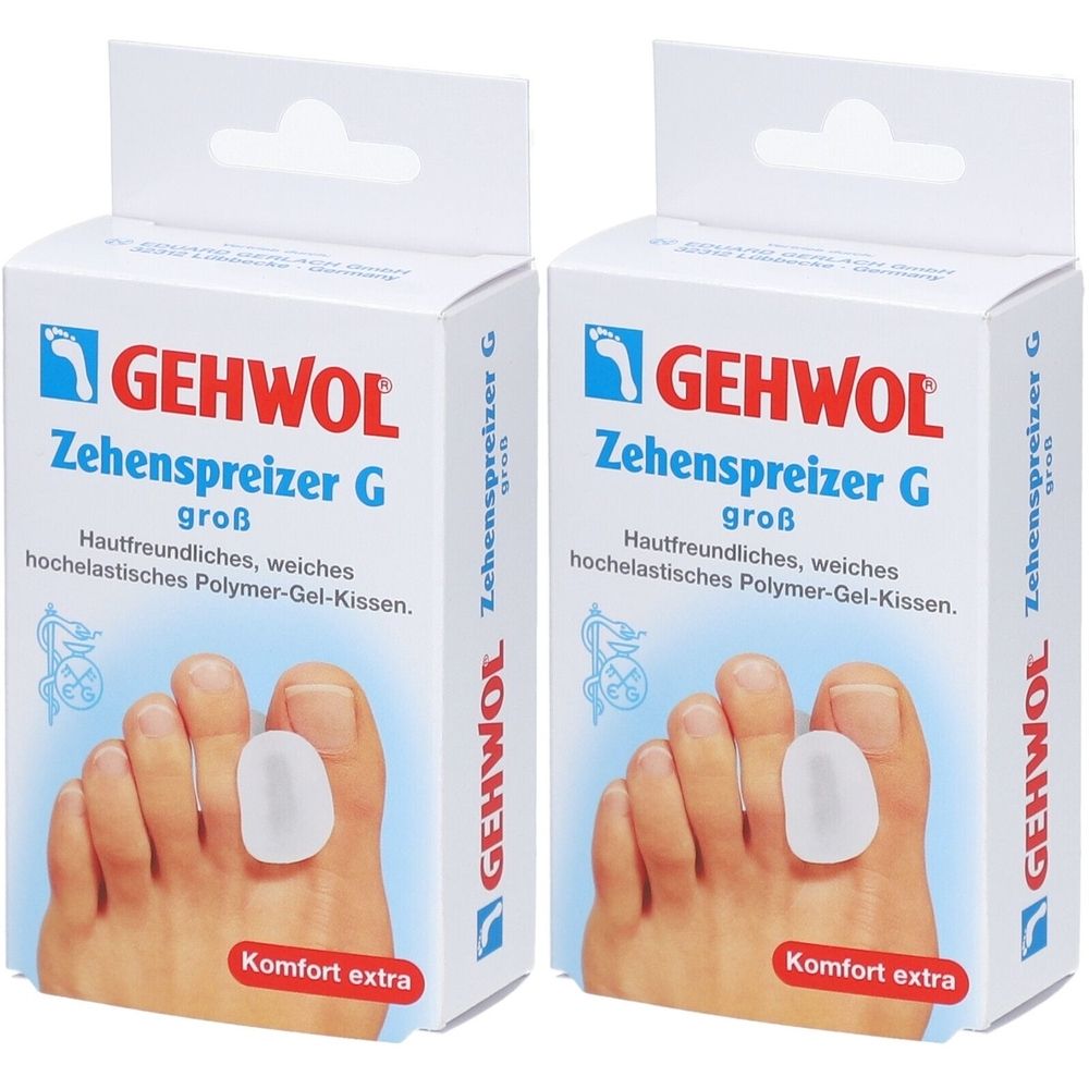 Zwei Packungen GEHWOL Zehenspreizer G. Weiße Kartons mit Produktabbildung und Text. Aufschrift: Zehenspreizer G groß, Komfort extra.