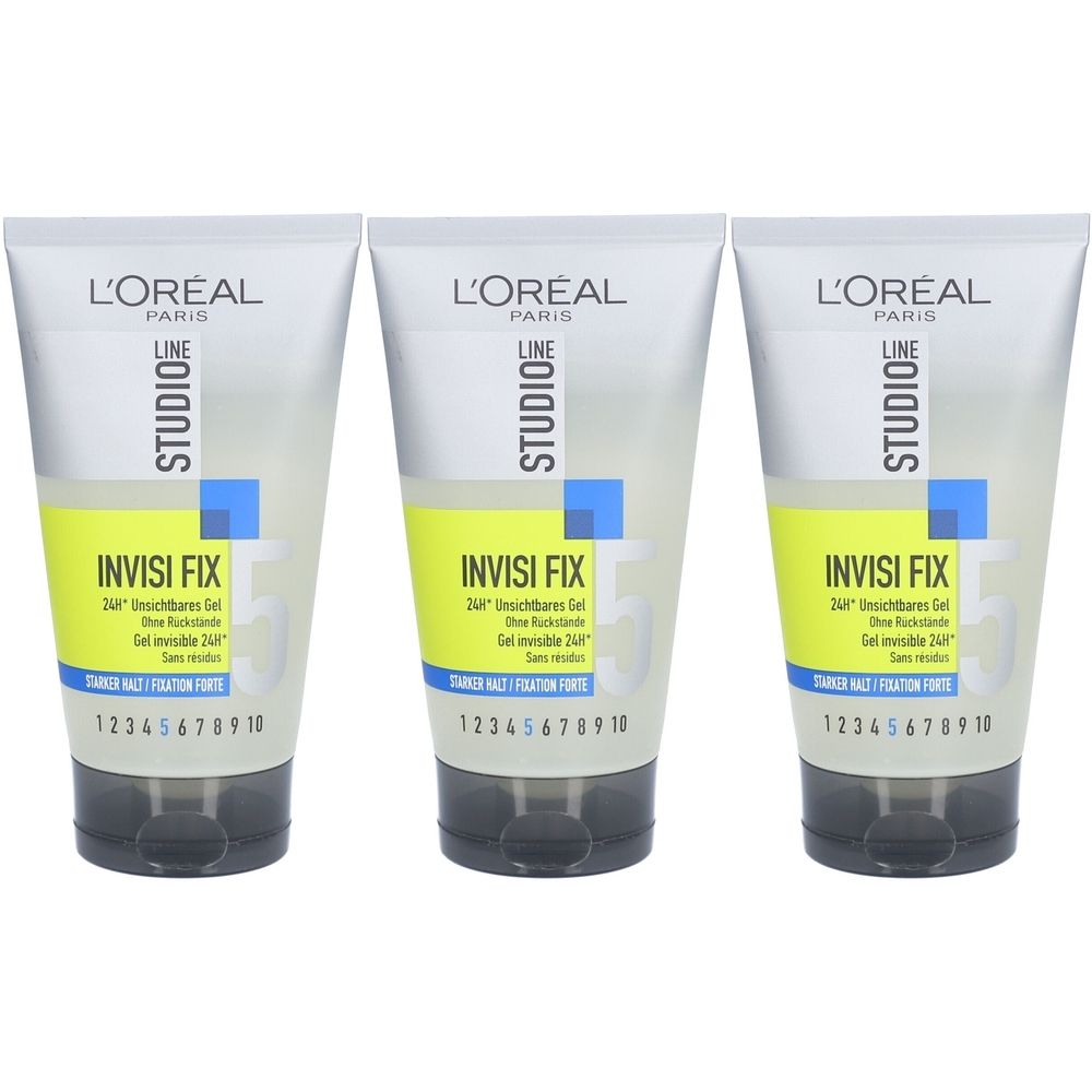 Drei Tuben L'Oréal Paris Studio Line Extreme Fixing Gel. Jede Tube hat einen weißen Deckel, einen gelben Streifen und blaue Akzente.