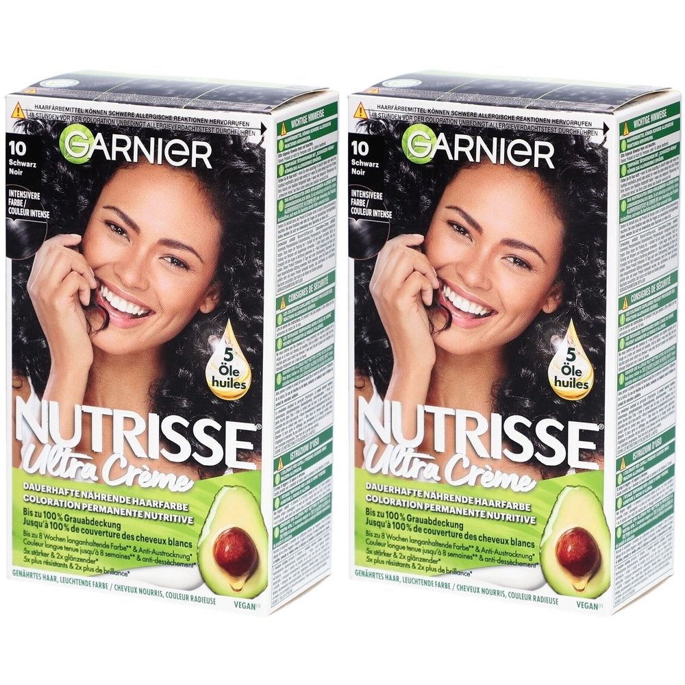Deux boîtes de coloration capillaire Garnier Nutrisse Ultra Crème. Inscription : 10 Noir, 5 huiles. Image d'une femme aux cheveux noirs.