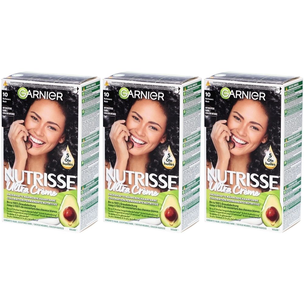 Trois boîtes de Garnier Nutrisse Ultra Crème. Chaque boîte présente un portrait de femme, une illustration d'avocat et le nom du produit.