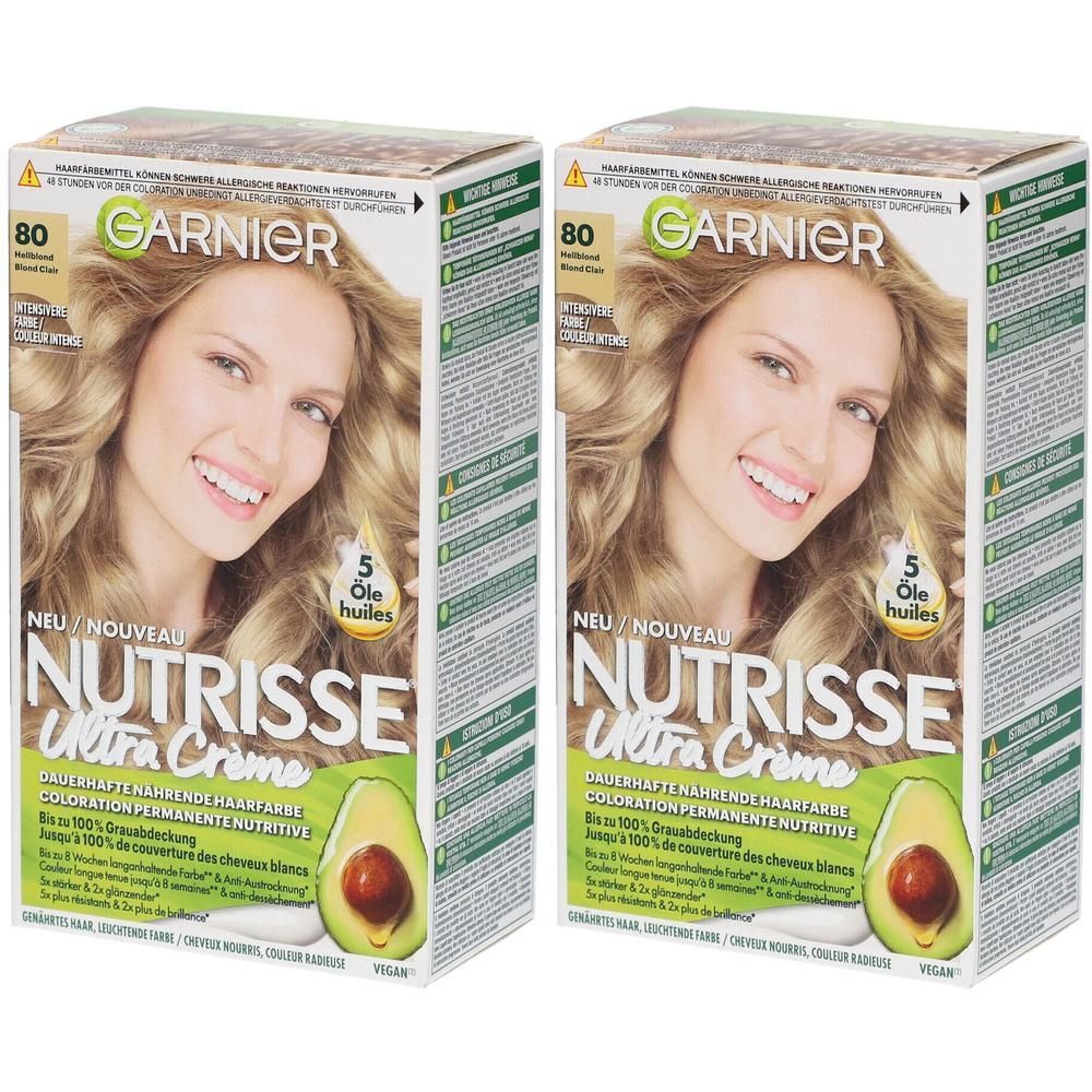 Zwei Garnier Nutrisse Ultra Crème 80 Blond Packungen mit Avocado-Abbildung.