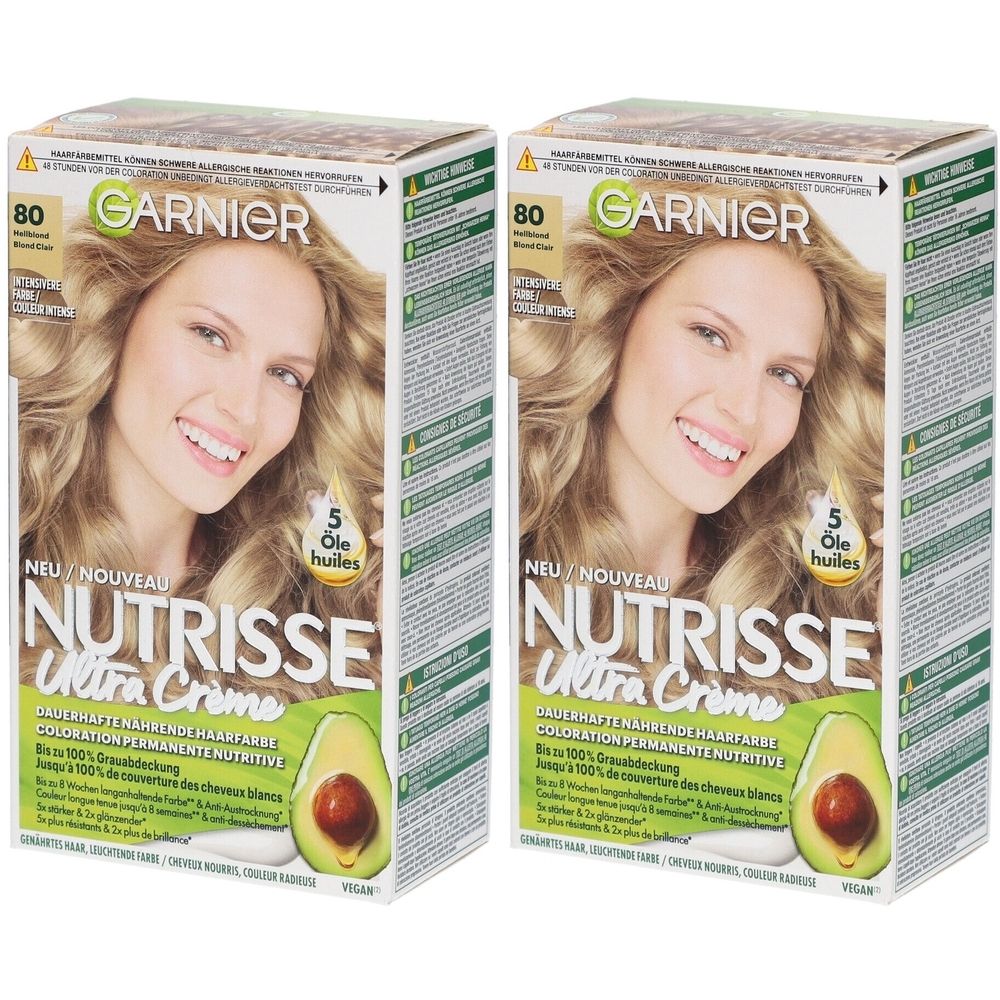 Deux boîtes de coloration capillaire. Inscription: GARNIER NUTRISSE Ultra Crème. Illustration d'une femme blonde. Illustration d'avocat.