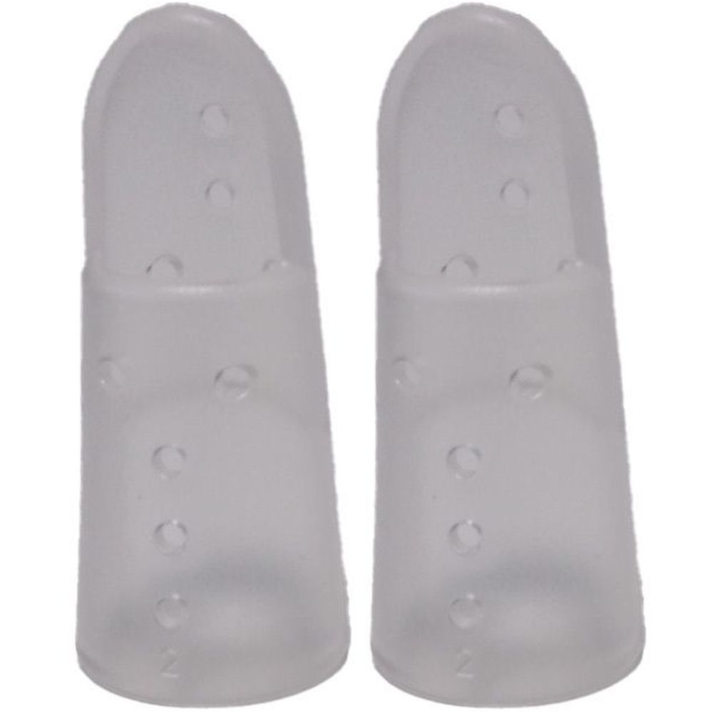 Deux attelles transparentes en forme de doigt. Chaque attelle comporte plusieurs petits trous et le chiffre 2.