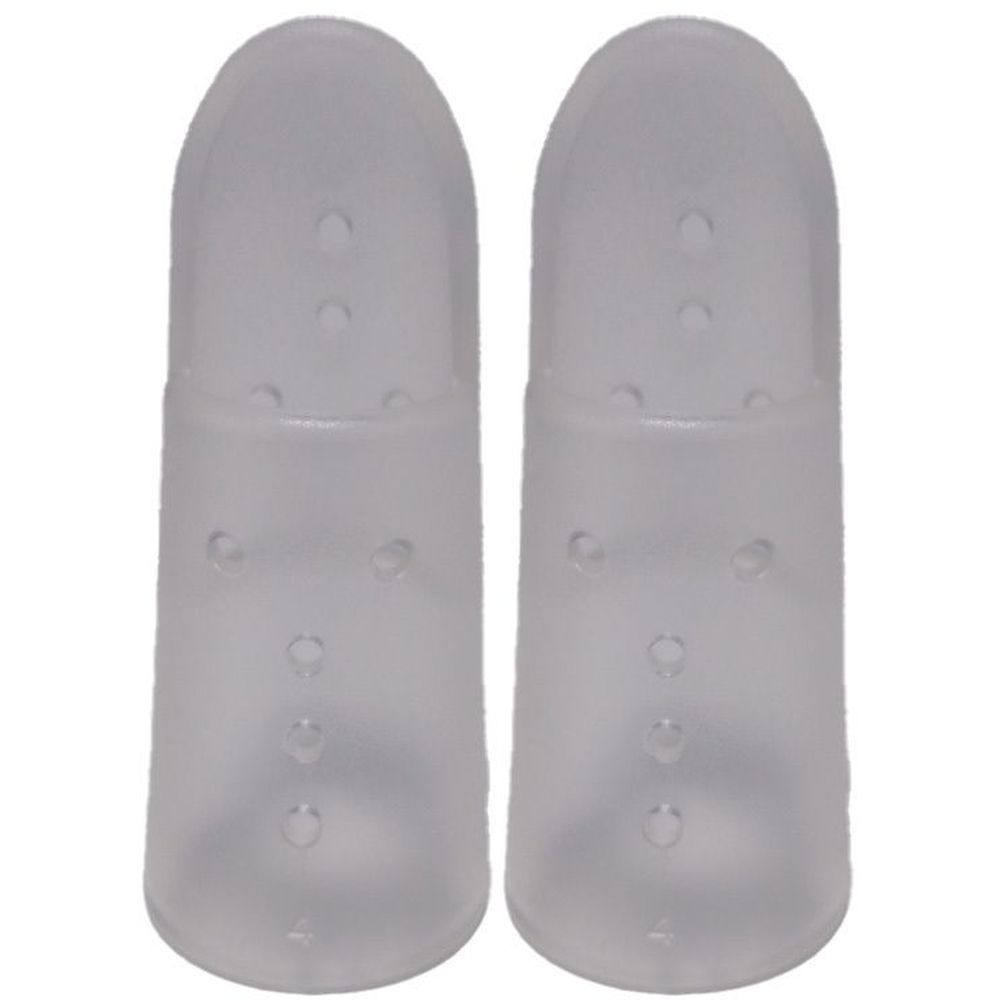 Deux protège-doigts transparents avec trous. Matière inconnue. Forme cylindrique avec extrémité arrondie.