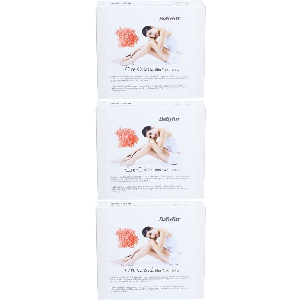 Drei weiße Kartons mit Produktabbildung. Aufschrift: Babyliss, Cire Cristal, 100g. Abbildung einer Frau.