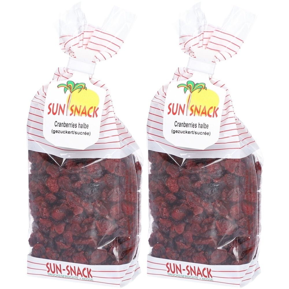 Deux sachets de SUN SNACK Cranberries halbe. Sachets transparents à rayures rouges. Impression avec logo et nom du produit.