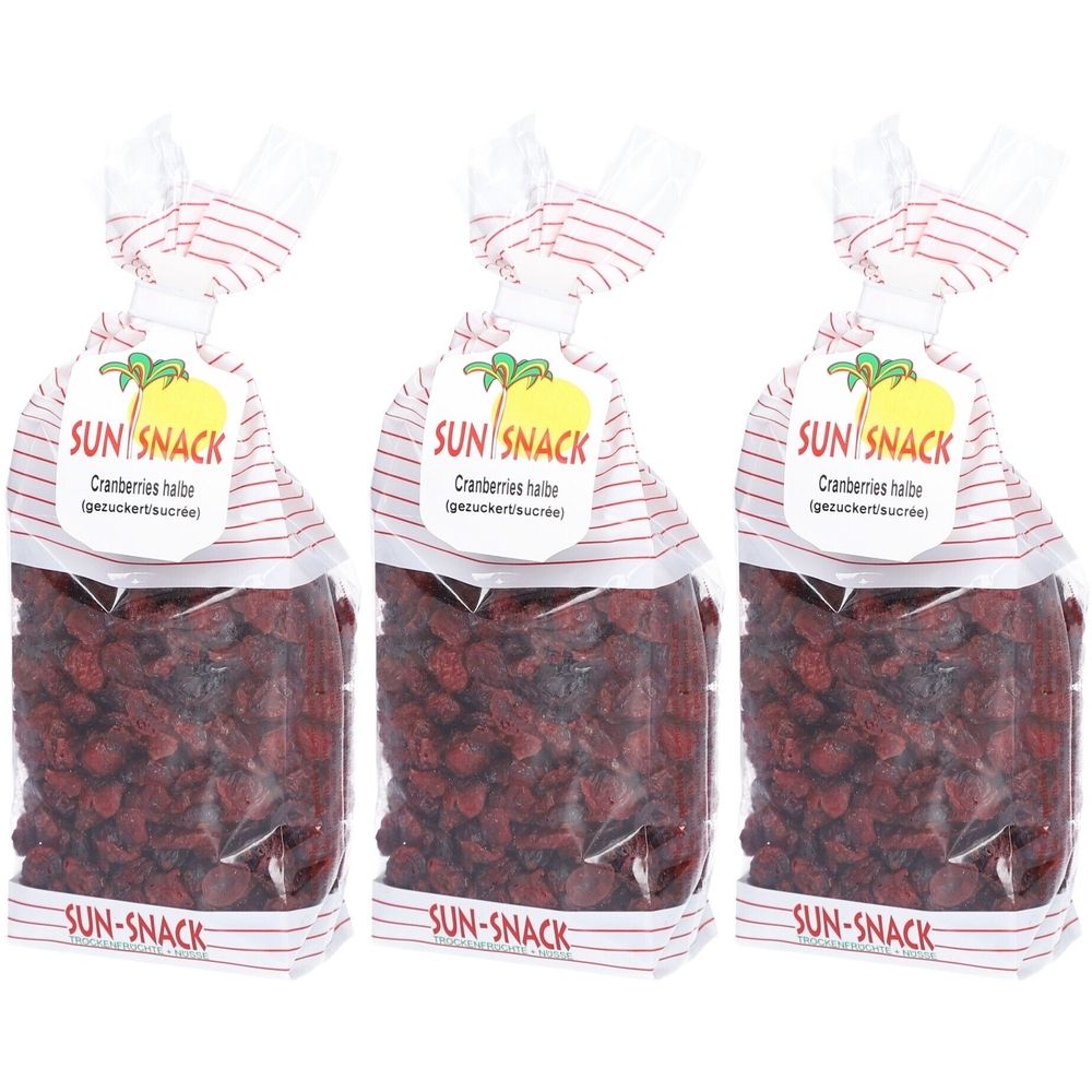 Trois sachets de canneberges séchées. Chaque sachet porte une étiquette avec le logo SUN SNACK et l'inscription Cranberries halbe.
